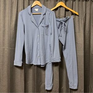 Shimera Stripe Long Sleeve Pajama Set - Button Down Shirt and Pants - Small Blue